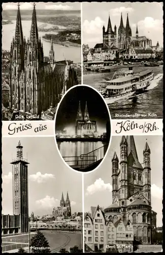 Köln Mehrbildkarte mit Dom Luftbild, Rhein-Dampfer uvm. 1956 Bahnpost