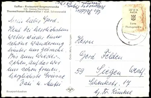 Ansichtskarte Badenweiler Kaffee Restaurant Bergmannsruhe 1960