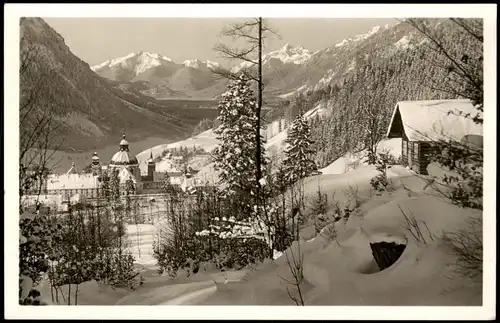Ansichtskarte Ettal Kloster, Panorama-Ansicht im Winter 1954