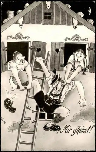 "Mir ghörst!" Humor-AK Bayern; Frauen zerren an Mann in Tracht 1960