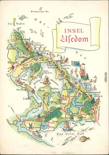 Insel Usedom Landkarten-Ansichtskarten 1968 A.Hoppe: 8005 Achterwasser Peene
