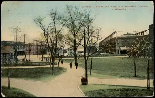 Postcard Hoboken (N.J.) RIVER VIEW PARK AND STEAMSHIP DOCKS 1912