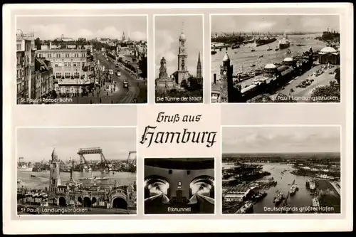 Hamburg Mehrbild-AK mit Reeperbahn, Hafen Landungsbrücken, Elbtunnel 1952