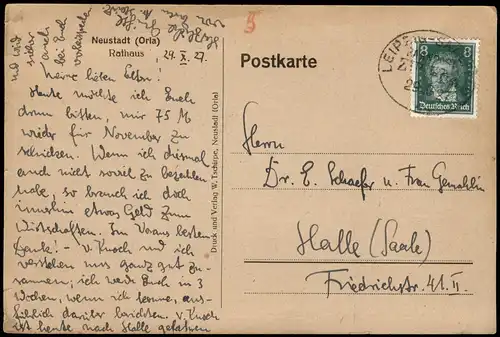 Neustadt (Orla) Rathaus - Künstlerkarte 1927  gel. Bahnpoststempel Leipzig
