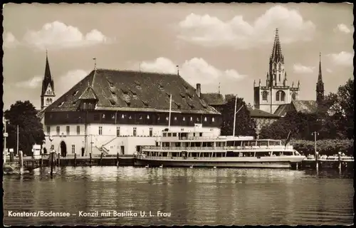 Ansichtskarte Konstanz Bodensee Schiff, Konzil mit Basilika U. L. Frau 1960