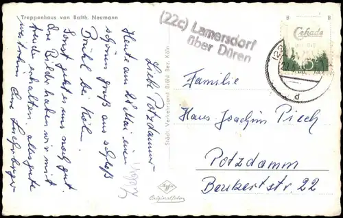 Ansichtskarte Brühl Schloss Augustusburg   1958     Landpoststempel " ü  Düren"