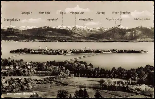 Lindau (Bodensee) Panorama-Ansicht, Bodensee und Alpenkette 1955