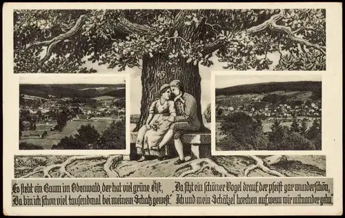 Bad König Mehrbildkarte mit Ortsansichten, Odenwald, Baum-Illustration 1955