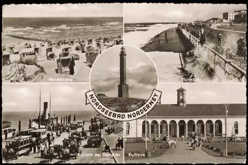 Norderney Mehrbild-AK mit Ankunft der Dampfer Sturmflut Nordstrand 1958