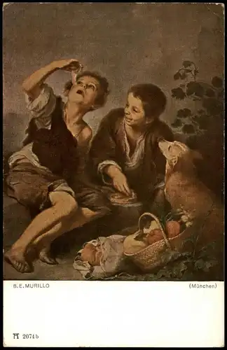 B. E. MURILLO Kinder und Hund Künstlerkarte: Gemälde / Kunstwerke 1912