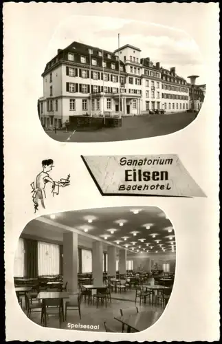 Bad Eilsen Mehrbild-AK Sanatorium Badehotel, Außenansicht u. Speisesaal 1960