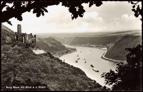 Wellmich-St. Goarshausen Burg Maus Rhein Partie mit Rheinschiffen 1960
