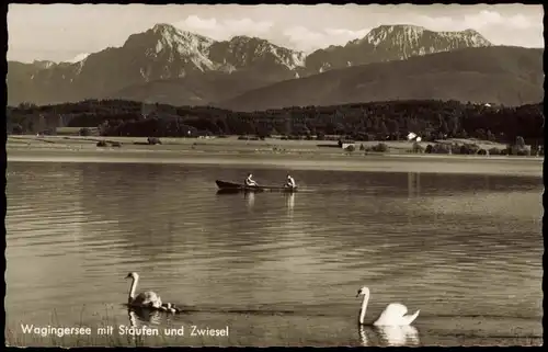 Waging am See Wagingersee, Ruderboot, Berg-Panorama mit Stauen u. Zwiesel 1960