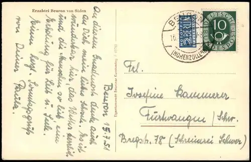 Ansichtskarte Beuron Erzabtei Beuron von Süden 1951