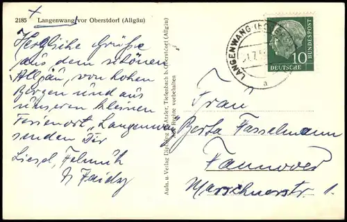 Ansichtskarte Langenwang (Allgäu) Panorama-Ansicht 1955  gel Stempel LANGENWANG