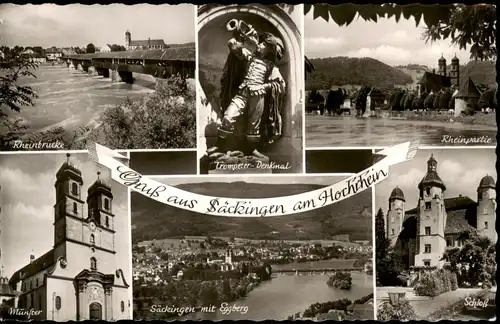 Bad Säckingen Mehrbildkarte mit 6 Foto-Ansichten ua. Trompeter-Denkmal 1961
