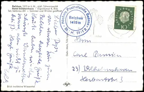 Schönau im Schwarzwald   Belchen 1960 Stempel Höchsten Posthilfsstelle Badens
