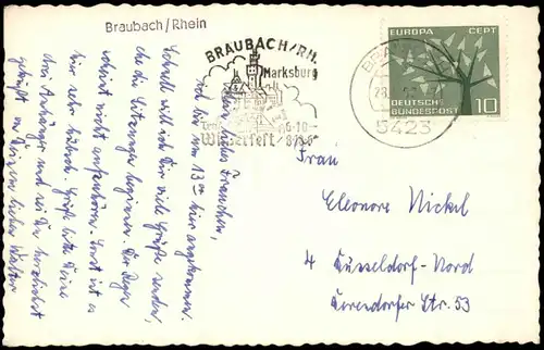 Ansichtskarte Braubach Panorama-Ansicht 1957   frankiert mit 10 Pf. ERUOPA CEPT