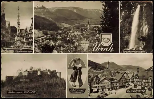 Bad Urach Mehrbild-AK mit Ortsansichten u.a. Wasserfall, Marktbrunnen uvm. 1961