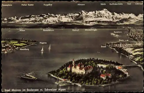 Ansichtskarte Konstanz Insel Mainau und Bodensee aus der Vogelschau 1955