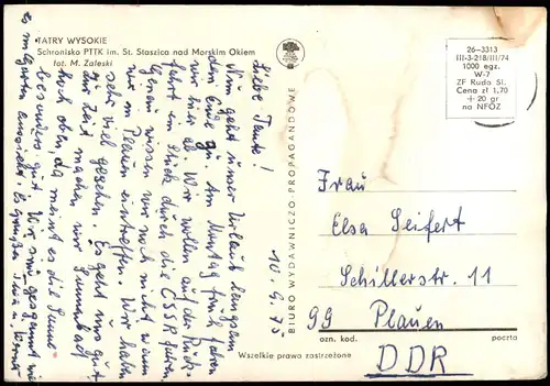 Postcard Zakopane Hohe Tatra/Tatry Wysokie Schronisko PTTK 1965