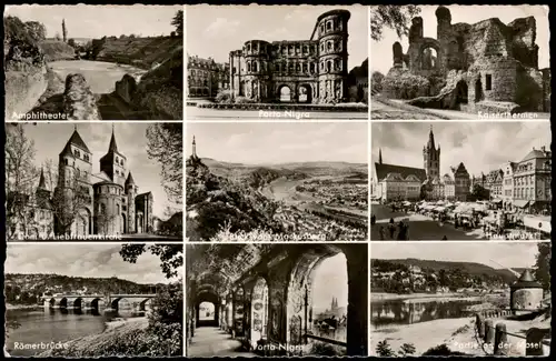 Trier Mehrbildkarte mit 9 Foto-Ortsansichten u.a. Porta Nigra 1958