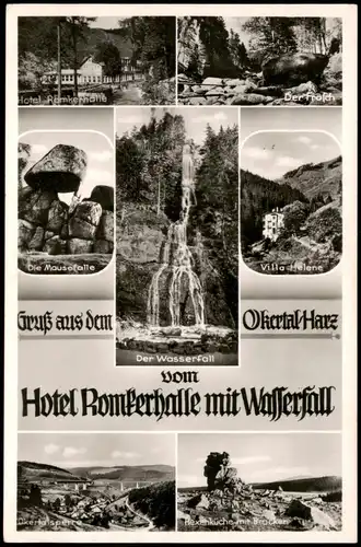 Oker-Goslar Romkerhaller Wasserfall und Hotel, Mehrbildkarte 1953