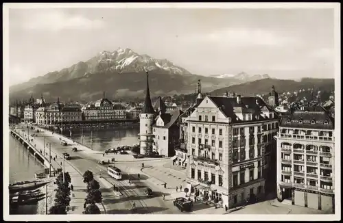 Ansichtskarte Luzern Lucerna Straße, Brücke mit Pilatus 1934