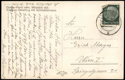 Postcard Troppau Opava Oberring, Geschäfte Autos 1928