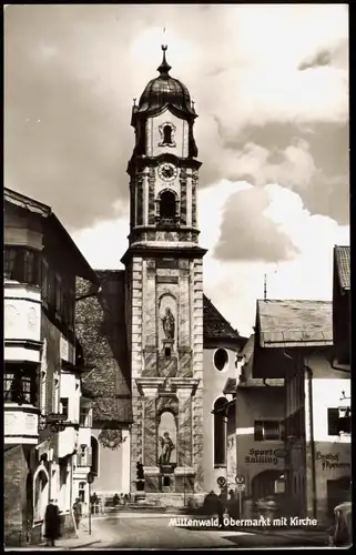 Ansichtskarte Mittenwald Stadtteilansicht Partie a.d. Kirche 1960