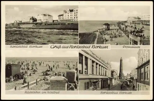 Ansichtskarte Borkum Promenade, Strand, Leuchtturm 1954