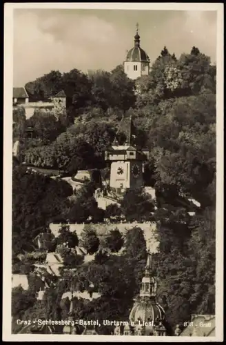 Ansichtskarte Graz Schlossberg-Bastei, Uhrturm u. Liesl. 1932