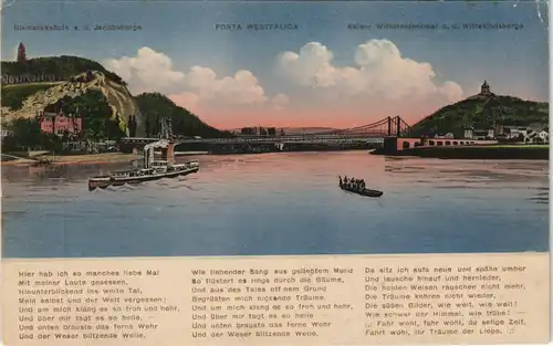 Ansichtskarte Porta Westfalica Blick auf Denkmäler, Brücke und Dampfer 1912