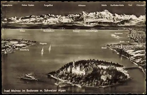 Ansichtskarte Konstanz Insel Mainau im Bodensee m. Schweizer Alpen 1957