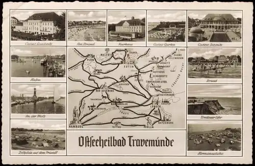Travemünde-Lübeck Mehrbildkarte mit Umgebungskarte u. Ortsansichten 1959