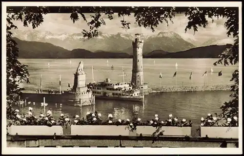 Ansichtskarte Lindau (Bodensee) Hafen Hafeneinfahrt Bodensee Leuchtturm 1955