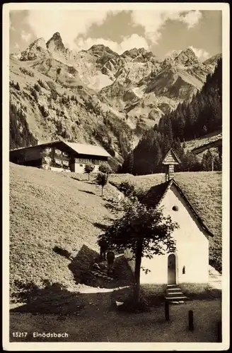 Einödsbach-Oberstdorf (Allgäu) Ortspanorama mit Mädelegabelgruppe 1955