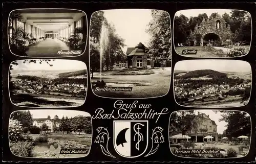 Bad Salzschlirf Mehrbild-AK mit Wandelhalle, Grotte, Hotel Baderhof uvm. 1960
