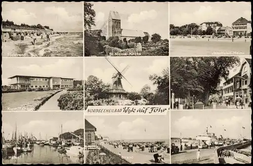 Wyk (Föhr) Mehrbild-AK u.a. Strand, Kirche, Mühle, Westfalen-Heim uvm. 1965