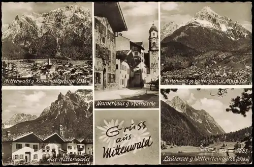 Ansichtskarte Mittenwald Mehrbildkarte mit 5 Foto-Ortsansichten 1953