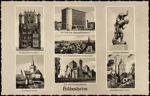 Hildesheim Mehrbild-AK mit Post am Hauptbahnhof, Kirchen, Kehrwieder-Turm 1959