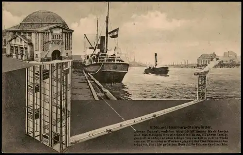 Ansichtskarte St. Pauli-Hamburg Elbtunnel, Dampfer - Querschnitt 1916