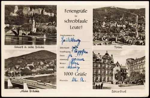 Heidelberg Mehrbildkarte "Feriengrüße für schreibfaule Leute" 1951