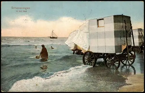 Postkaart Scheveningen-Den Haag Den Haag In het bad, Wagen im Wasser 1913