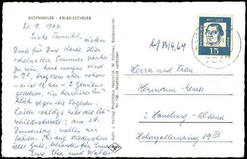 Ansichtskarte Badenweiler KÄLBELESCHEUER, Weide mit Kühen 1964