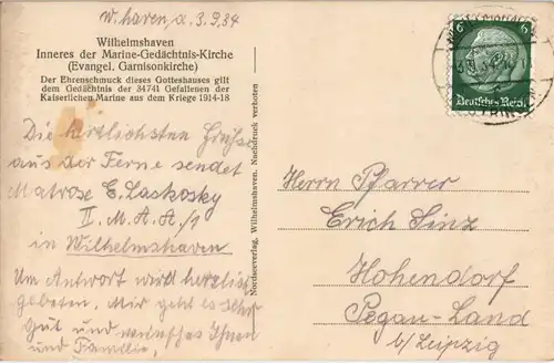 Ansichtskarte Wilhelmshaven Marine-Gedächtnis-Kirche, Alttar Patriotika 1934