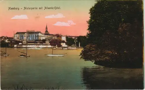 Altstadt-Hamburg Alsterpartie mit Atlantic-Hôtel. Coloriert 1912