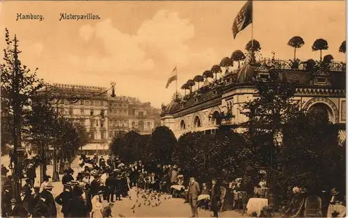 Ansichtskarte Hamburg Alsterpavillon, belebt - Taubenfütterung 1916