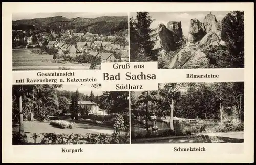 Bad Sachsa Mehrbild-AK mit Ravensberg Römersteine Kurpark Schmelzteich 1950