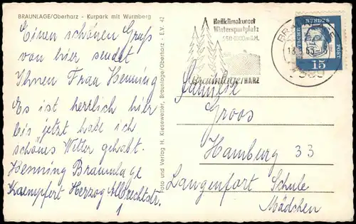 Ansichtskarte Braunlage Panorama Oberharz Kurpark mit Wurmberg 1963